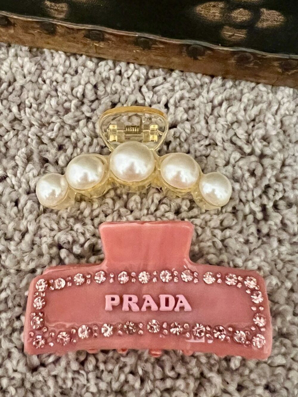 2 Hair Claw Clips, Pink Stones and White Pearls